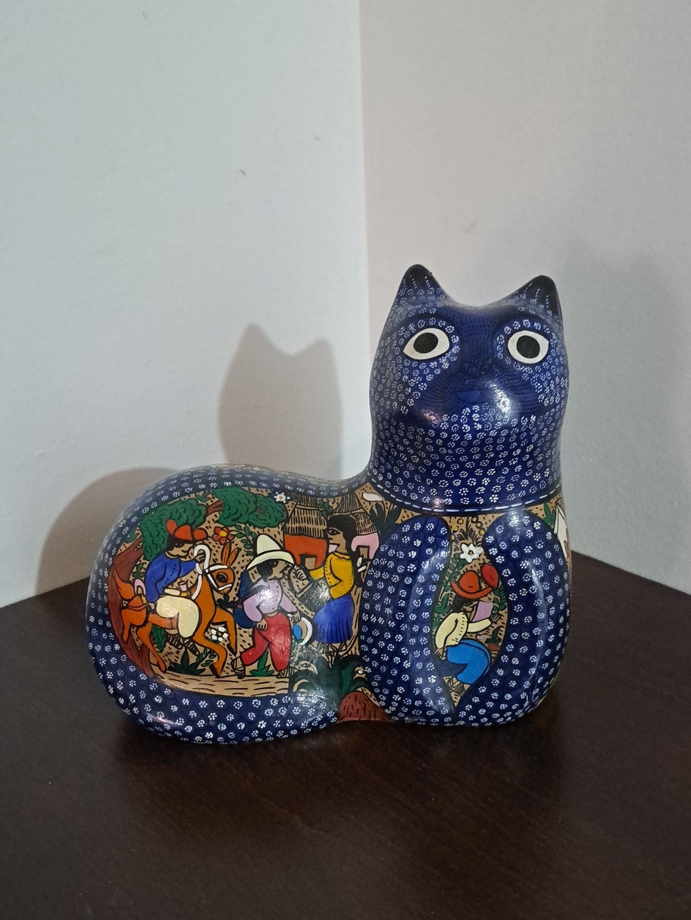 Hand-Painted Blue Folk-Art Cat Figurine